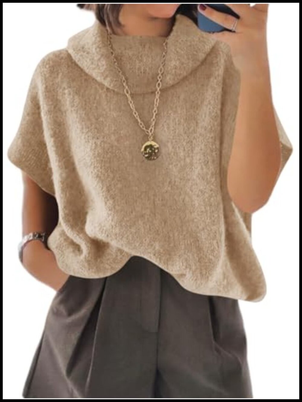 Oversized Turtleneck Sweater Short Sleeve Chunky Knit Pullover